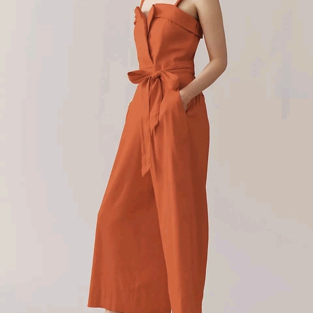 Anthropologie MAEVE Belted Wide-Leg Linen Blen Cherry Tomato Jumpsuit Size L New